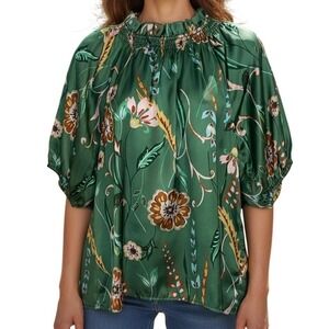 ANTHROPOLOGIE THML Green Floral Smocked Neck Puff Sleeve Blouse EUC‎ Size Small